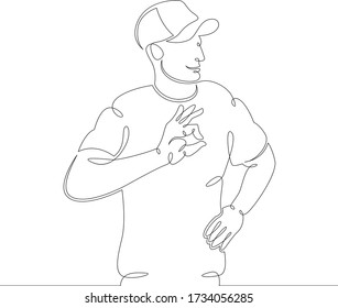One continuous drawing line young man in a baseball cap with hand shows ok .Single hand drawn art line doodle outline isolated minimal illustration cartoon character flat