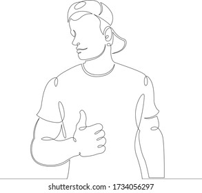 One continuous drawing line young man in a baseball cap shows thumb up .Single hand drawn art line doodle outline isolated minimal illustration cartoon character flat