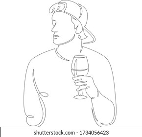 One continuous drawing line young man in a baseball cap with a glass of wine .Single hand drawn art line doodle outline isolated minimal illustration cartoon character flat