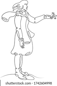 One continuous drawing line young girl with a bird in her hand .Single hand drawn art line doodle outline isolated minimal illustration cartoon character flat