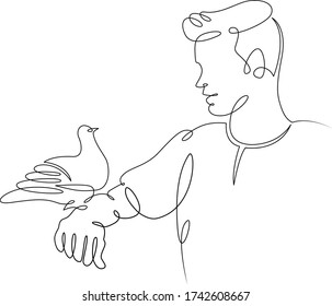 Una línea de dibujo continua que un hombre joven paloma en su mano. Línea de dibujos de una sola mano delinear el perfil de dibujos aislados ilustración mínima caricatura personaje plano
