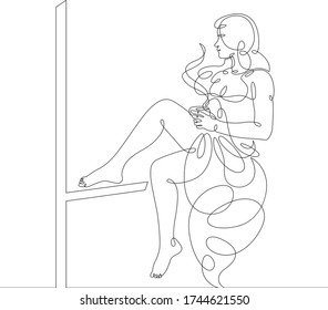Una joven de una línea de dibujo continua toma café caliente por la mañana. Desayuno matutino. El personaje está sentado junto a la ventana abierta. .Eslabón de doodle de línea dibujada a mano aislado mínimo plano