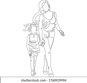 Una joven de línea de dibujo continua con una hija pequeña en el paseo peatonal. Línea de dibujo de una sola mano delinear el perfil de doodle aislado ilustración mínima caricatura personaje plano