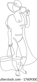 One continuous drawing line young woman in a beach tunic, hat, with a beach bag .Single hand drawn art line doodle outline isolated minimal illustration cartoon character flat