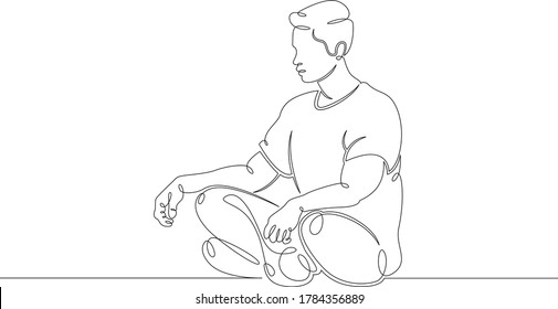 One continuous drawing line young man meditates relaxes in lotus position  .Single hand drawn art line doodle outline isolated minimal illustration cartoon character flat