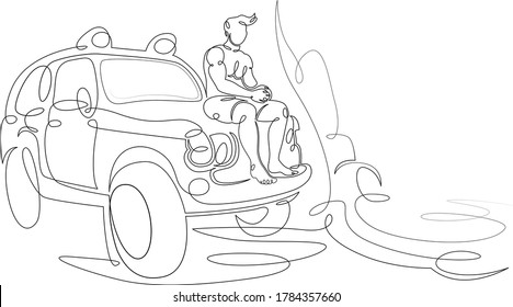 One continuous drawing line young man surfer sits on the hood of an off-road vehicle on the sea beach  .Single hand drawn art line doodle outline isolated minimal illustration cartoon character flat