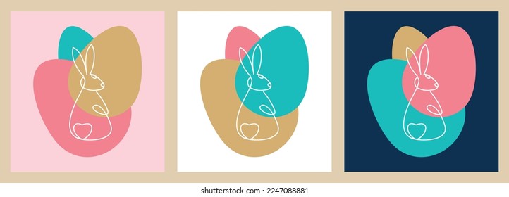 One continuous drawing of a rabbit against a background of colorful Easter eggs