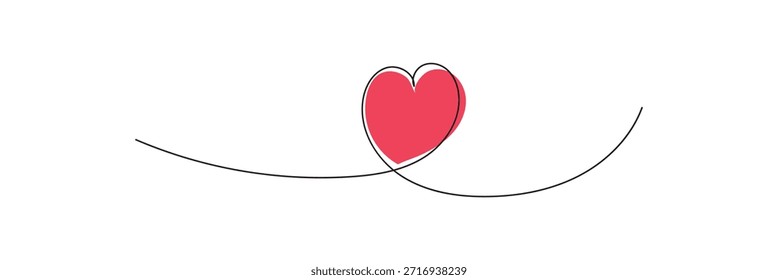 One continuous drawing of red heart and color shape love sign. Thin flourish and romantic symbols in simple linear style. Editable stroke. Doodle vector illustration