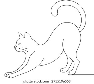 Um desenho contínuo Uma ilustração de arte de linha simples em preto e branco de um gato que se estende graciosamente isolado no fundo branco Ilustração vetorial