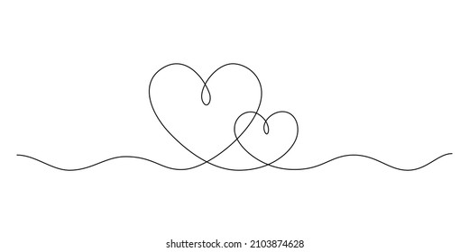 One continuous drawing of two hearts and love signs. Thin curls and romantic symbols in simple linear style. Minimalist Editable stroke. Vector doodles illustration