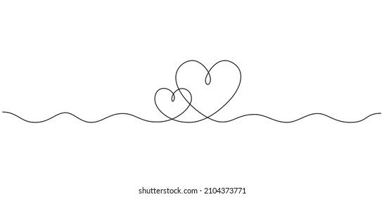 Un dibujo continuo de dos corazones y señales de amor. Brillante trazo y símbolos románticos en un sencillo estilo lineal. Ilustración mínima del vector Doodle