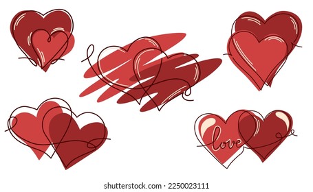 One continuous drawing of two hearts and love sign. Happy Valentine's Day. Banner, Poster, Card Design Template. Editable stroke. Doodle vector set illustration