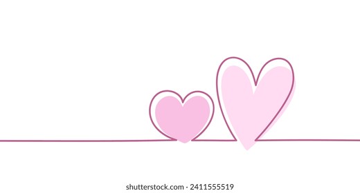 One continuous drawing of two hearts. Сute romantic symbols in simple linear style. Continuous line of hearts perfect for valentine's day, mother's day, for a card or wedding invitation