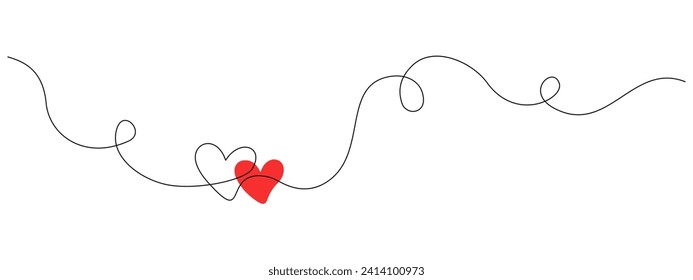 Un dibujo continuo de dos corazones con signo de amor de color rojo. Cinta brillante y símbolo romántico en un estilo lineal simple. Trazo editable. Ilustración vectorial de contorno de perro