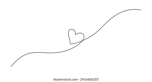 One continuous drawing of two hearts with red color love sign. Thin flourish ribbon and romantic symbol in simple linear style. Editable stroke. Doodle contour vector illustration