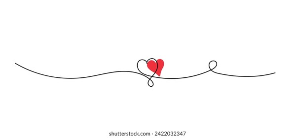One continuous drawing of two hearts with red color love sign. Thin flourish ribbon and romantic symbol in simple linear style. Editable stroke. Doodle contour vector illustration