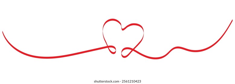 One continuous drawing of two hearts with red color love sign. Thin flourish ribbon and romantic symbol in simple linear style. Editable stroke. Doodle contour vector illustration