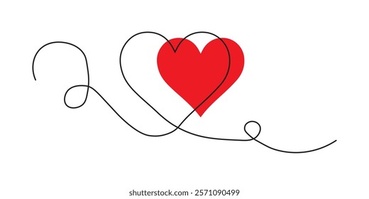 One continuous drawing of two hearts with red color love sign. Thin flourish ribbon and romantic symbol in simple linear style. Doodle contour vector illustration. 