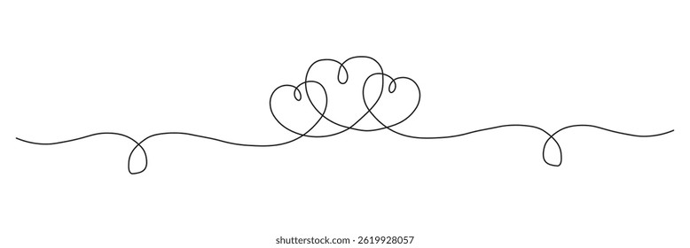 One continuous drawing of two hearts and love sign. Thin flourish and romantic icons in simple linear style. Editable stroke. Doodle vector illustration.