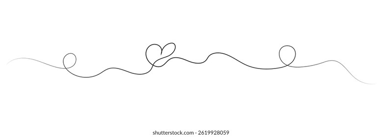 One continuous drawing of two hearts and love sign. Thin flourish and romantic icons in simple linear style. Editable stroke. Doodle vector illustration.