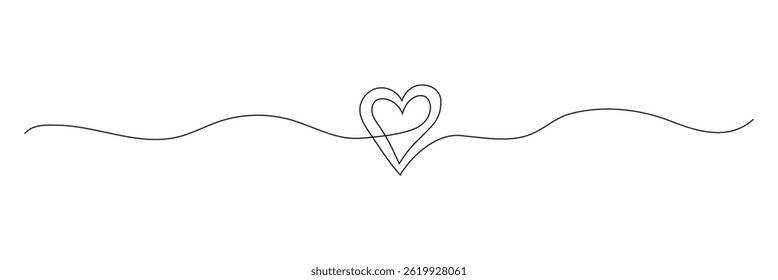 One continuous drawing of two hearts and love sign. Thin flourish and romantic icons in simple linear style. Editable stroke. Doodle vector illustration.