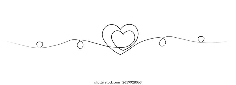One continuous drawing of two hearts and love sign. Thin flourish and romantic icons in simple linear style. Editable stroke. Doodle vector illustration.