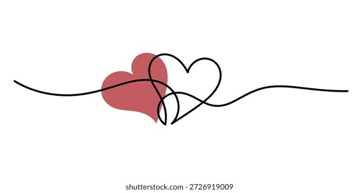 Un dibujo continuo de dos corazones con signo de amor de color rojo. Cinta floreciente delgada y símbolo romántico en estilo lineal simple. Trazo editable.