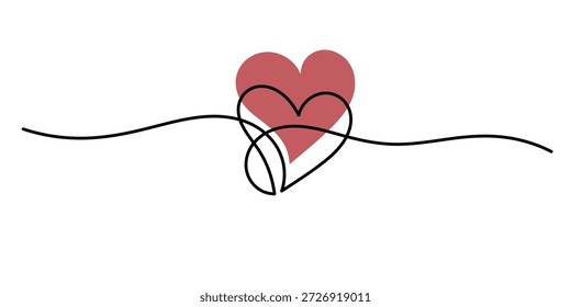 Un dibujo continuo de dos corazones con signo de amor de color rojo. Cinta floreciente delgada y símbolo romántico en estilo lineal simple. Trazo editable.