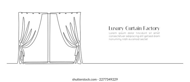 One continuous drawing of window with curtains. Living room interior concept with draped fabric in simple linear style. Editable stroke. Outline doodle vector illustration