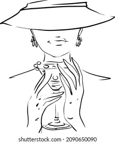 One continuous drawing of a woman with a hat, abstract face in minimalist style, female fashion illustration, t-shirt, cosmetics, posters, postcards. Dynamic single line design