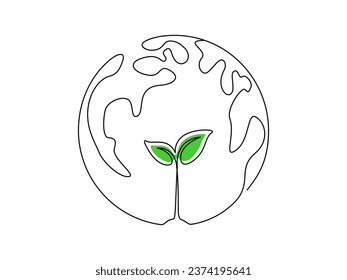 One continuous drawing of World environment day. Icon earth globe with plant sprouted inside in simple linear style. Editable stroke for elegance web banner. Doodle vector illustration