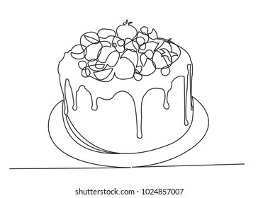 one continuous drawn cake line, a pie drawn from the hand a picture of the silhouette. Line art. cake with glaze and fruit