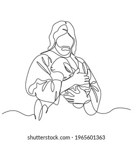 One continuous one drawn line art doodle of a spiritual Jesus Christ with the lamb .Isolated image of a hand-drawn outline on a white background.