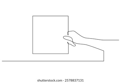 One continuous drawn line art doodle hand, paper, Continuous one line drawing hand holding signboard. illustration concept.