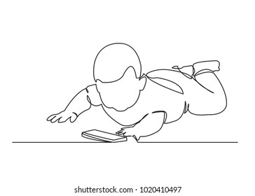 One Continuous Drawn Line Of The Baby Holding The Phone Drawn From The Hand A Picture Of The Silhouette. Line Art. Character Of The Kid Playing With The Phone