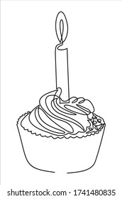 una línea de dibujo continua de pastel de cumpleaños con una vela.icono de vector plano