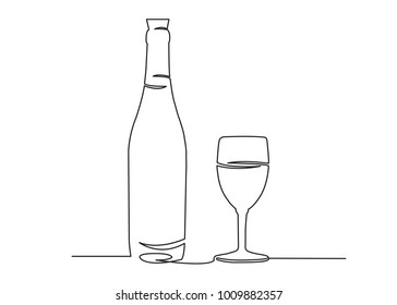 one continuous drawn line of the bottle and a glass drawn from the hand a picture of the silhouette. Line art. a bottle of champagne with a wine glass 