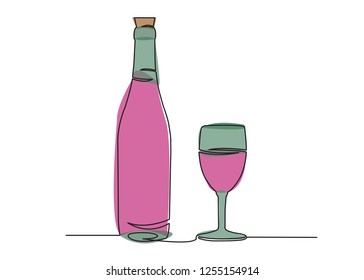 one continuous drawn line of the bottle and a glass drawn from the hand a picture of the silhouette. Line art. a bottle of champagne wine a glass with a foul color illustration food drink
