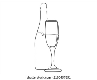 one continuous drawn line of the bottle and a glass drawn from the hand a picture of the silhouette. Line art. a bottle of champagne with a wine glass