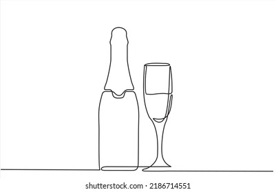 one continuous drawn line of the bottle and a glass drawn from the hand a picture of the silhouette. Line art. a bottle of champagne with a wine glass