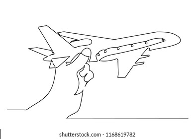 one continuous drawn line of a boy with an airplane drawn from the hand picture silhouette. Line art. character boy playing with airplane