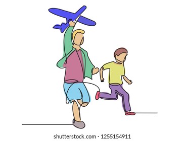 one continuous drawn line of a boy with an airplane drawn from the hand picture silhouette. Line art. character boy playing with airplane color illustration of character child