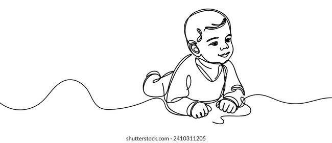 one continuous drawn line of a child. The baby is lying. Vector illustration.