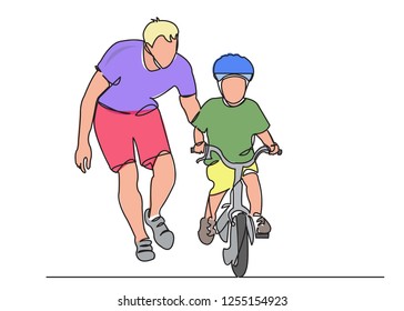 one continuous drawn line of dad teaches a child to ride a bicycle drawn by hand a picture of the silhouette Line art. a man teaches a baby to ride a bike color illustration of character father with 