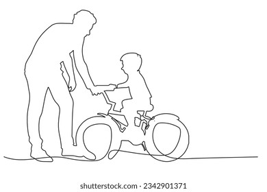 one continuous drawn line of dad teaches a child to ride a bicycle drawn by hand a picture of the silhouette. Line art. a man teaches a baby to ride a bike.