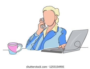 one continuous drawn line depicting a woman doing a hand-drawn picture of a silhouette. Line ars. character woman businessman color illustration, female character