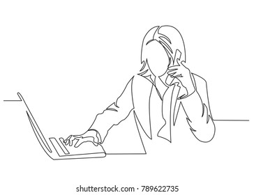 one continuous drawn line depicting a woman doing a hand-drawn picture of a silhouette. Line ars. character woman businessman