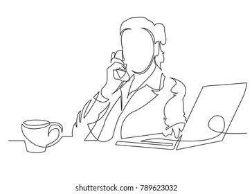 one continuous drawn line depicting a woman doing a hand-drawn picture of a silhouette. Line ars. character woman businessman