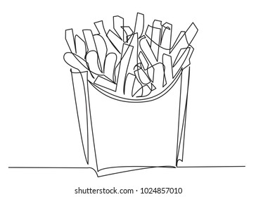 One Continuous Drawn Line Of French Fries Drawn From The Hand Picture Silhouette. Line Art. Fast Food Food Potato Cooked In Flint