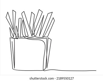 one continuous drawn line of french fries drawn from the hand picture silhouette. Line art. fast food food potato cooked in flint